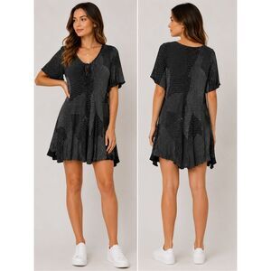 Luxury Boutique Black White Polka Dot Swing Mini Dress Tie Neck Flowy XL